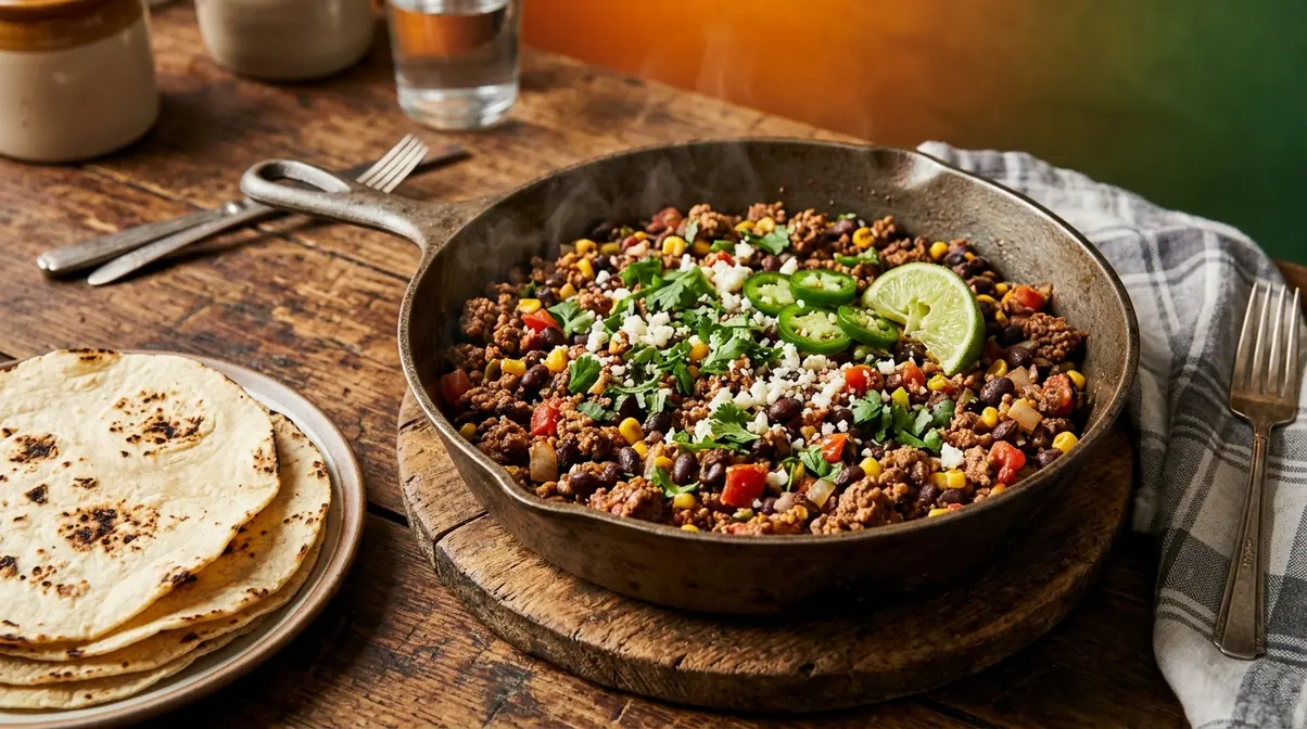 25 Easy 15-Minute Meals For Busy Weeknights (2026) 7 Cast-iron cowboy skillet with ground beef taco filling, black beans, corn, and tortillas on wooden table