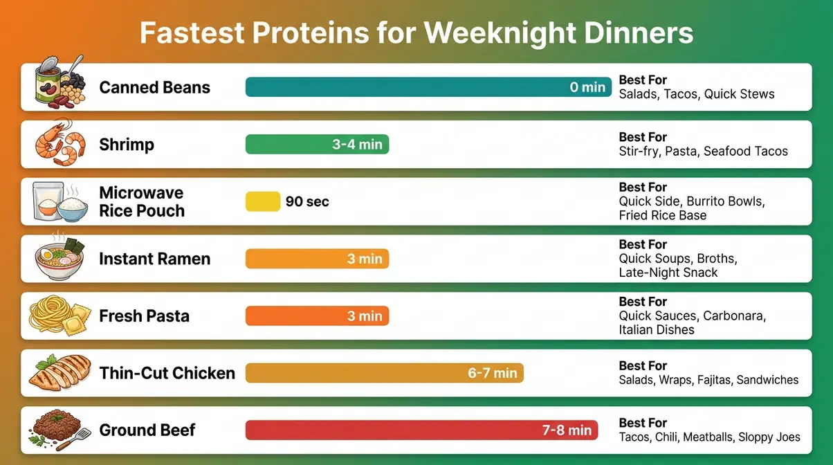 25 Easy 15-Minute Meals For Busy Weeknights (2026) 3 Comparison graphic showing cook times for seven weeknight dinner proteins from canned beans to ground beef
