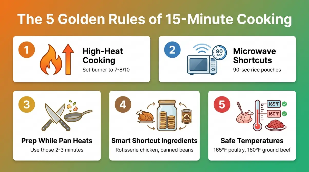 25 Easy 15-Minute Meals For Busy Weeknights (2026) 5 Five illustrated speed-cooking technique cards showing high-heat, microwave shortcuts, and prep-as-you-go rules