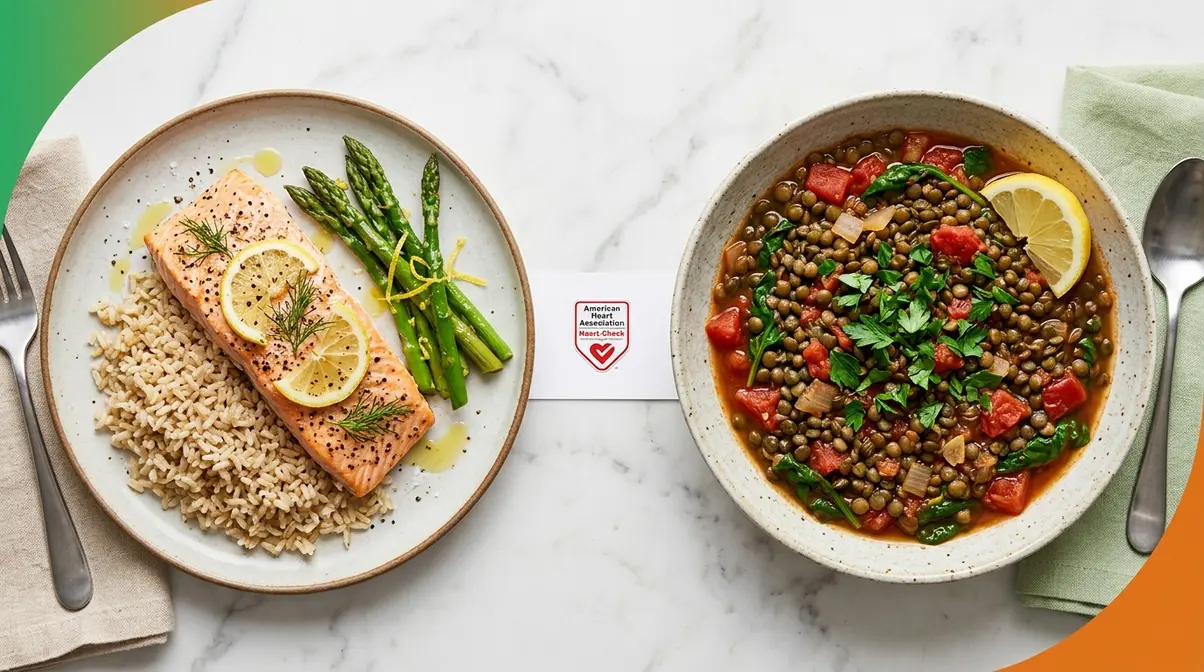 25 Easy 15-Minute Meals For Busy Weeknights (2026) 8 Heart-healthy dinner plates showing baked salmon with rice and lentil tomato bowl for low-cholesterol meals