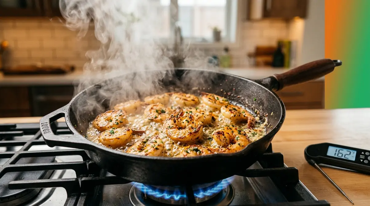 25 Easy 15-Minute Meals For Busy Weeknights (2026) 4 Shrimp sizzling in cast-iron skillet on high heat with thermometer beside pan for fast weeknight cooking