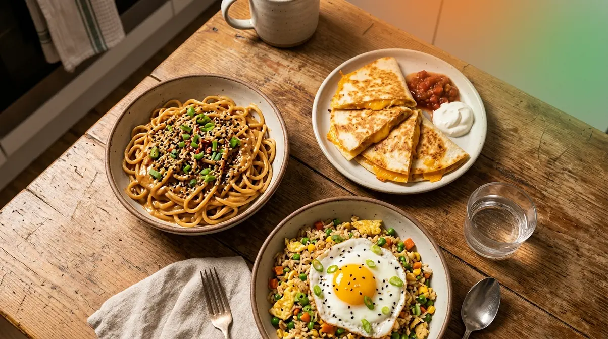 25 Easy 15-Minute Meals For Busy Weeknights (2026) 6 Three lazy weeknight dinner bowls showing peanut butter noodles, cheese quesadillas, and egg fried rice