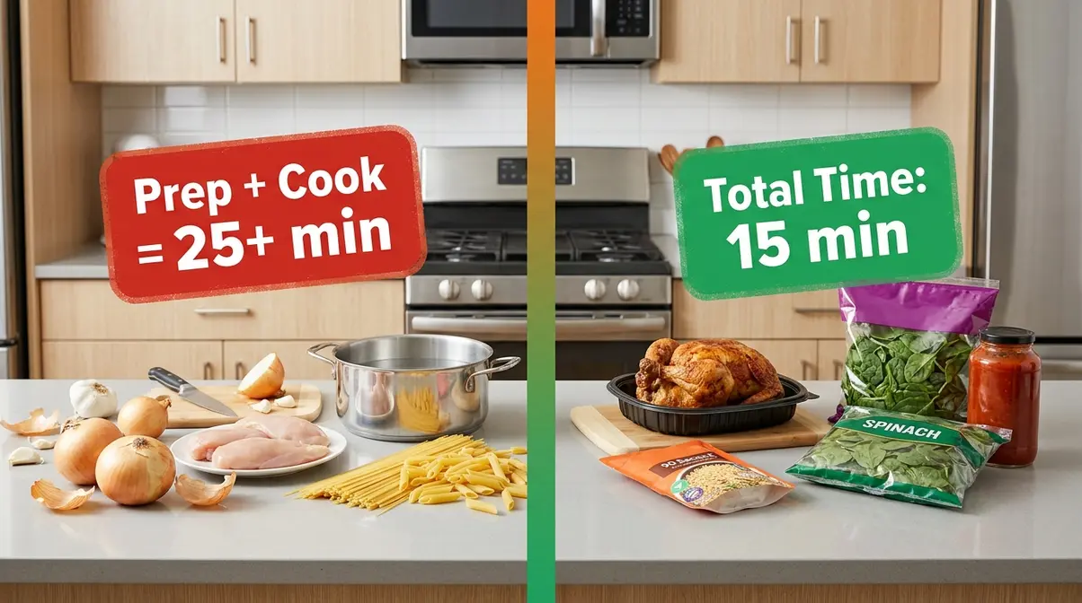 25 Easy 15-Minute Meals For Busy Weeknights (2026) 1 Split kitchen scene comparing slow traditional prep versus shortcut ingredients for a true 15-minute meal
