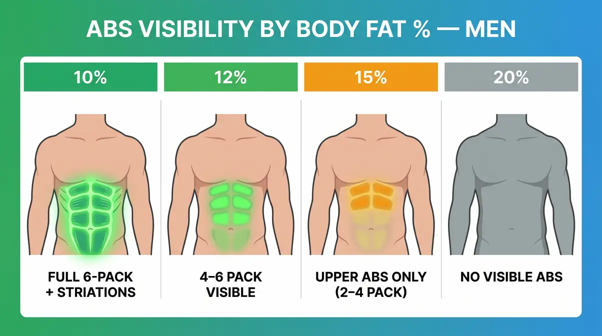 Chart showing abdominal muscle visibility at 10, 12, 15, and 20 percent body fat for men with annotations