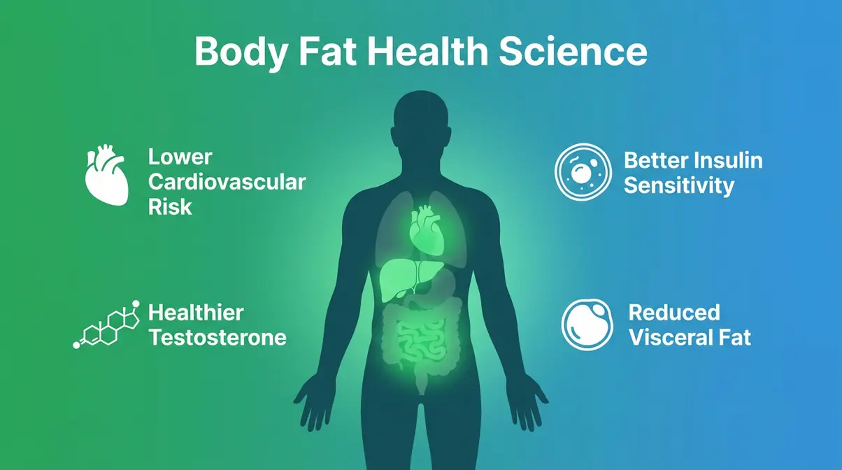 Medical illustration showing four key health benefits of reaching 15 percent body fat for men