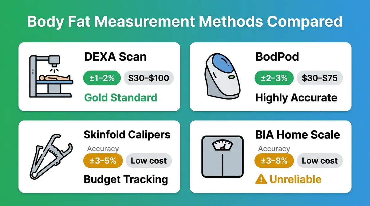 Comparison grid of four body fat measurement methods showing accuracy and cost for DEXA, BodPod, calipers, and BIA