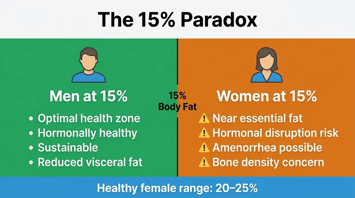 Split infographic showing why 15 percent body fat is optimal for men but risky for women