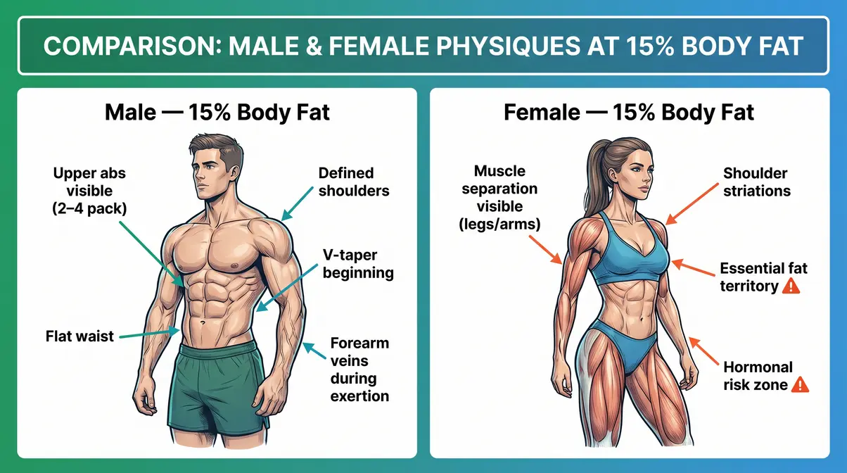 Side-by-side infographic of male and female physiques at 15 percent body fat with labeled muscle definition zones