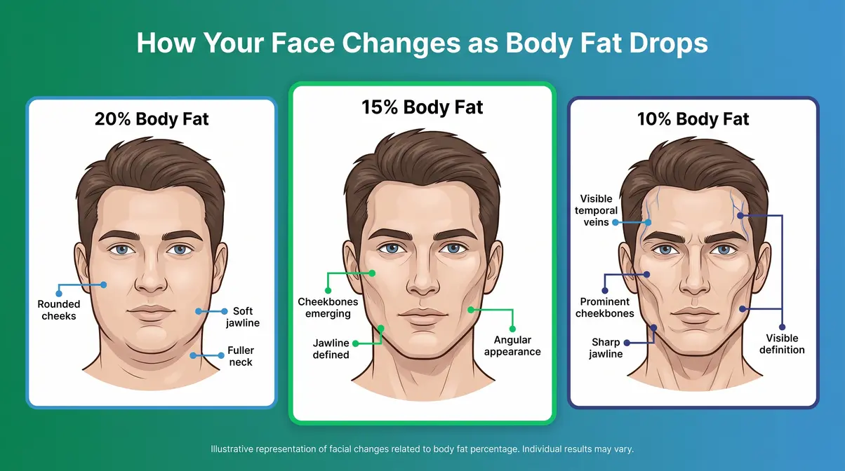 Three-panel diagram showing male facial definition changes at 20, 15, and 10 percent body fat