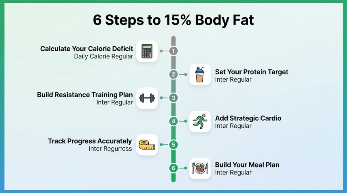 Six-step roadmap infographic showing how to reach 15 percent body fat with icons for each step