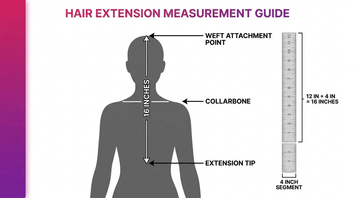 Infographic showing how long 16 inch hair extensions measure on a female silhouette from crown to collarbone
