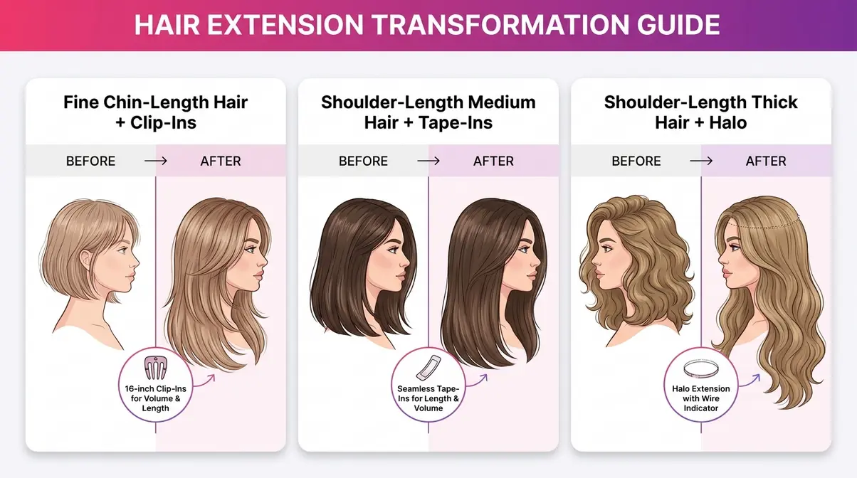 Before and after composite showing 16 inch hair extensions on fine chin-length, medium shoulder-length, and thick shoulder-length hair