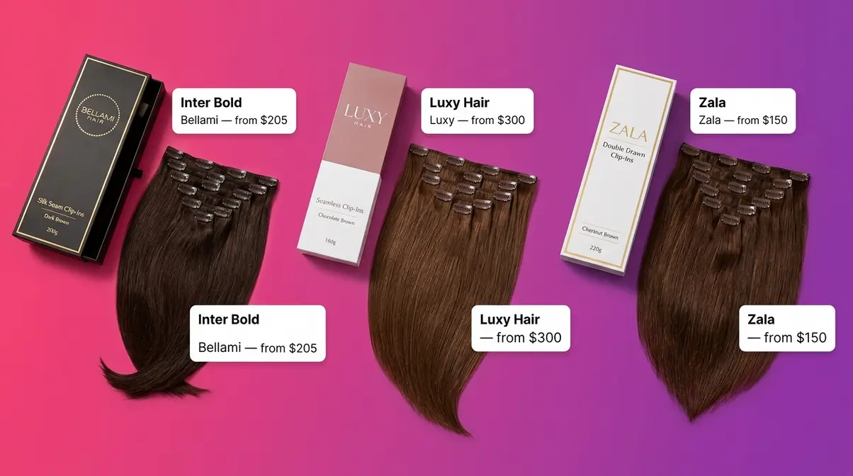 Bellami, Luxy Hair, and Zala 16 inch hair extension sets displayed side by side with pricing labels