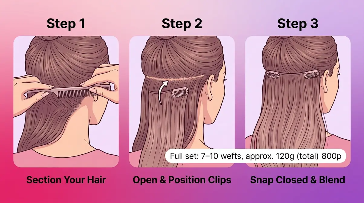 Step-by-step clip-in hair extension application guide showing sectioning positioning and securing the weft clips