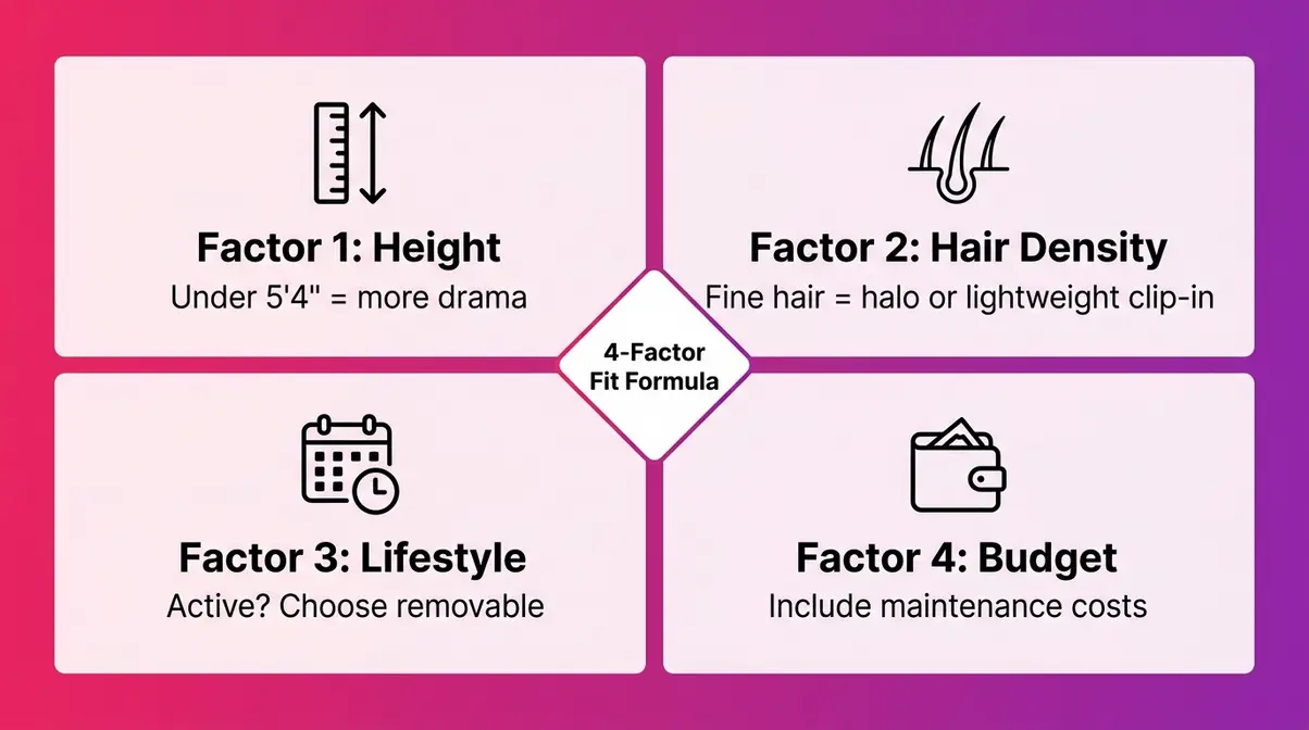Four-factor fit formula buying guide for 16 inch hair extensions covering height density lifestyle and budget