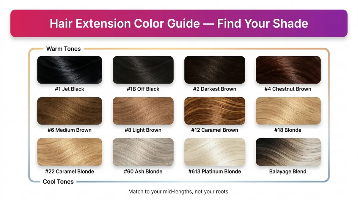 Color swatch guide for hair extensions showing 12 shades from jet black number one to platinum blonde number 613