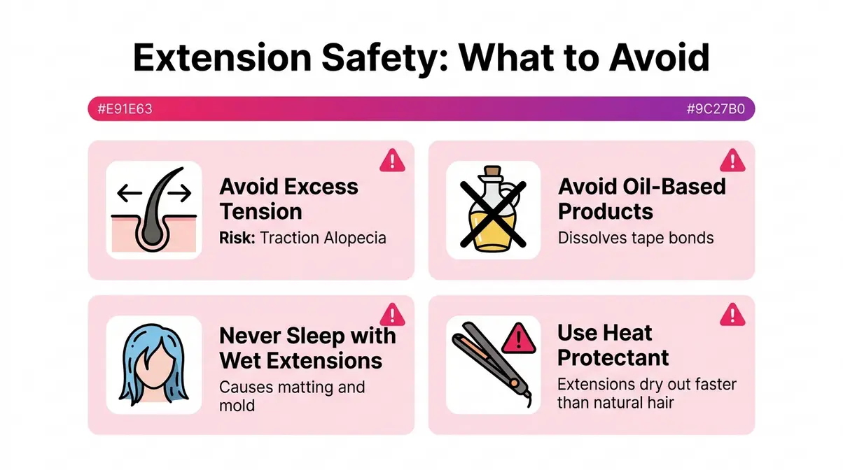 Hair extension safety infographic showing four common mistakes including tension oil products wet sleeping and heat damage