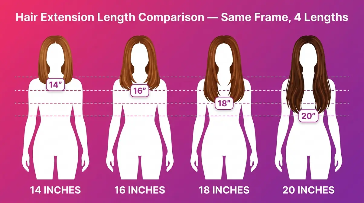 Side-by-side comparison of 14, 16, 18, and 20 inch hair extension lengths on the same body frame