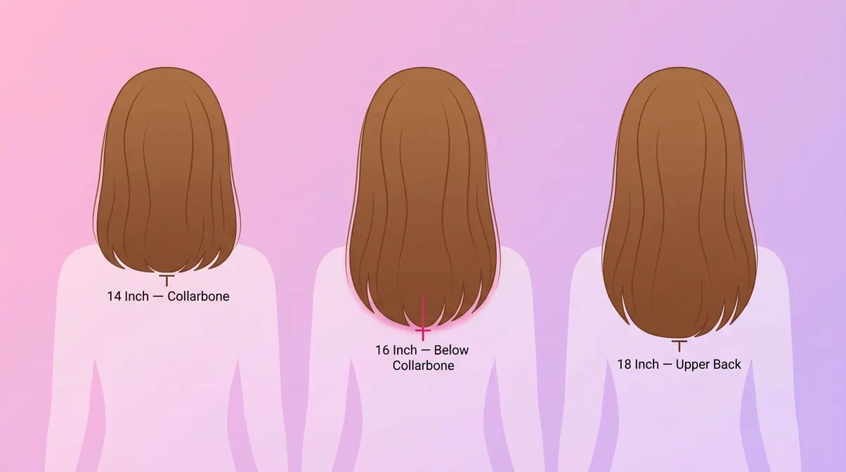 Side-by-side comparison showing 14 inch 16 inch and 18 inch hair extension lengths on female silhouettes