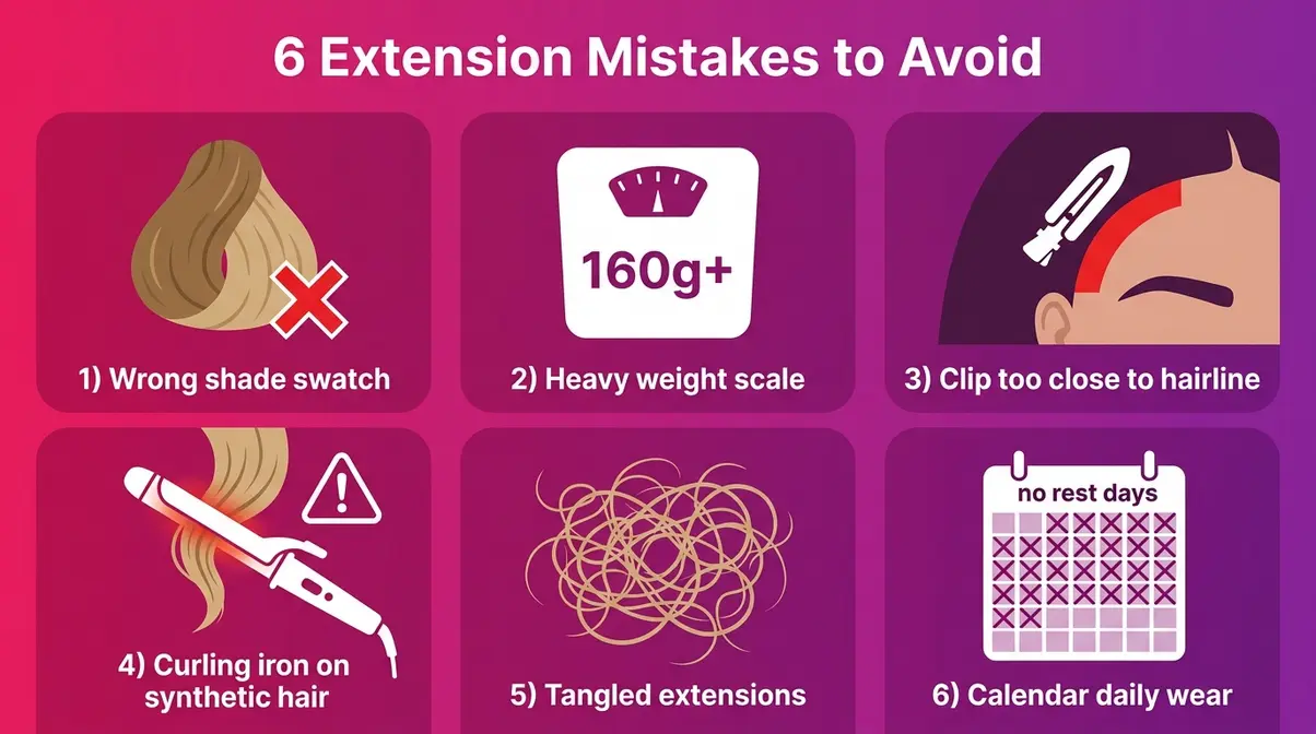 Illustrated guide showing six common hair extension mistakes including wrong shade, heavy weight, and daily wear