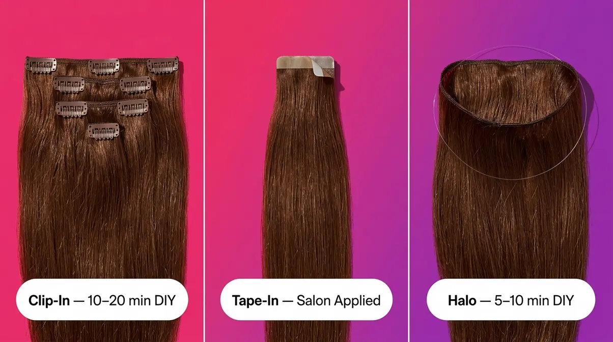 Three types of 16 inch hair extensions shown side by side: clip-in weft, tape-in strip, and halo wire