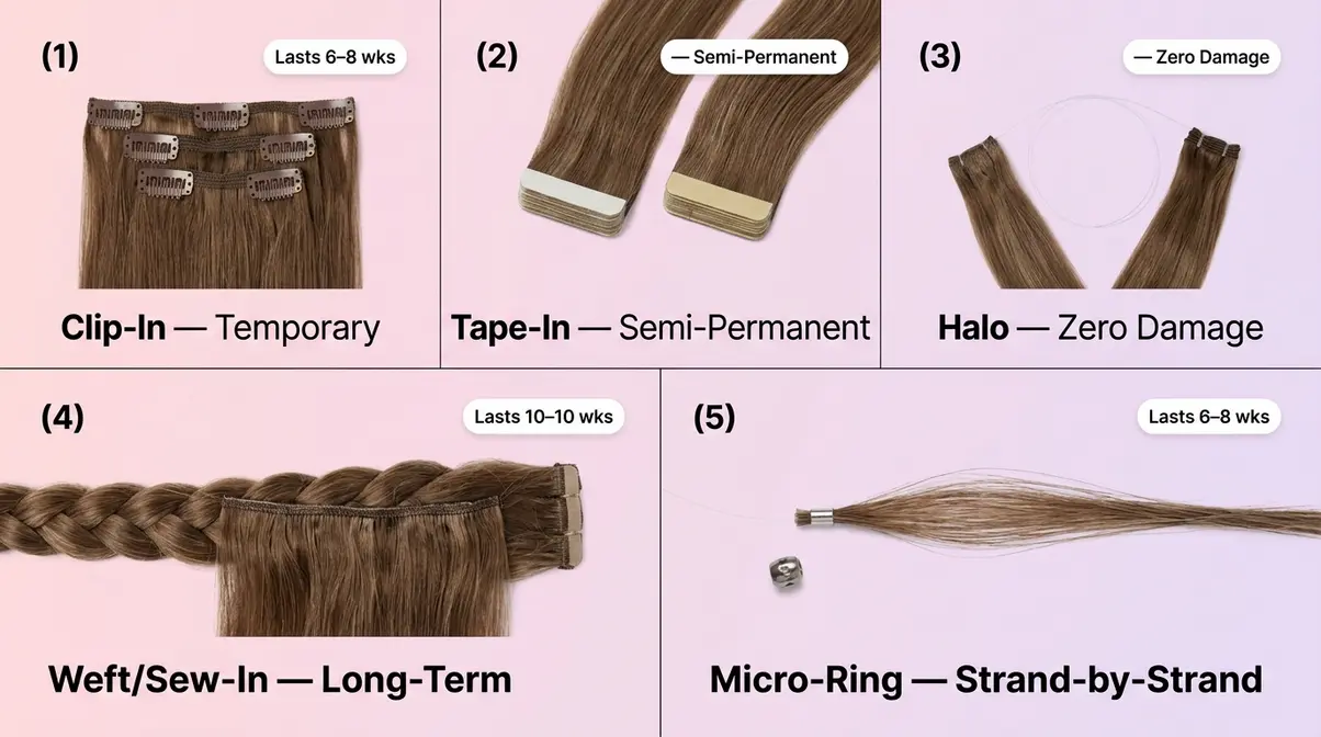 Five types of hair extensions shown side by side including clip-in tape-in halo weft and micro-ring methods