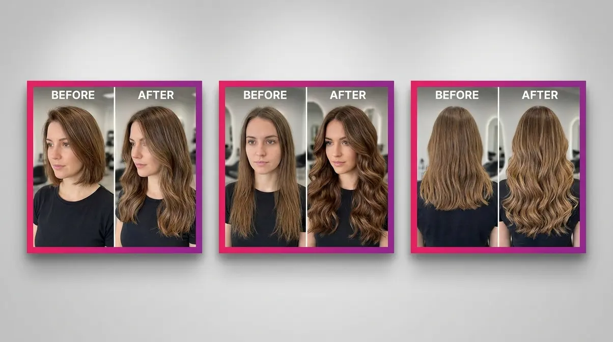 Before and after photos showing 16 inch hair extensions on short, fine, and medium-length hair