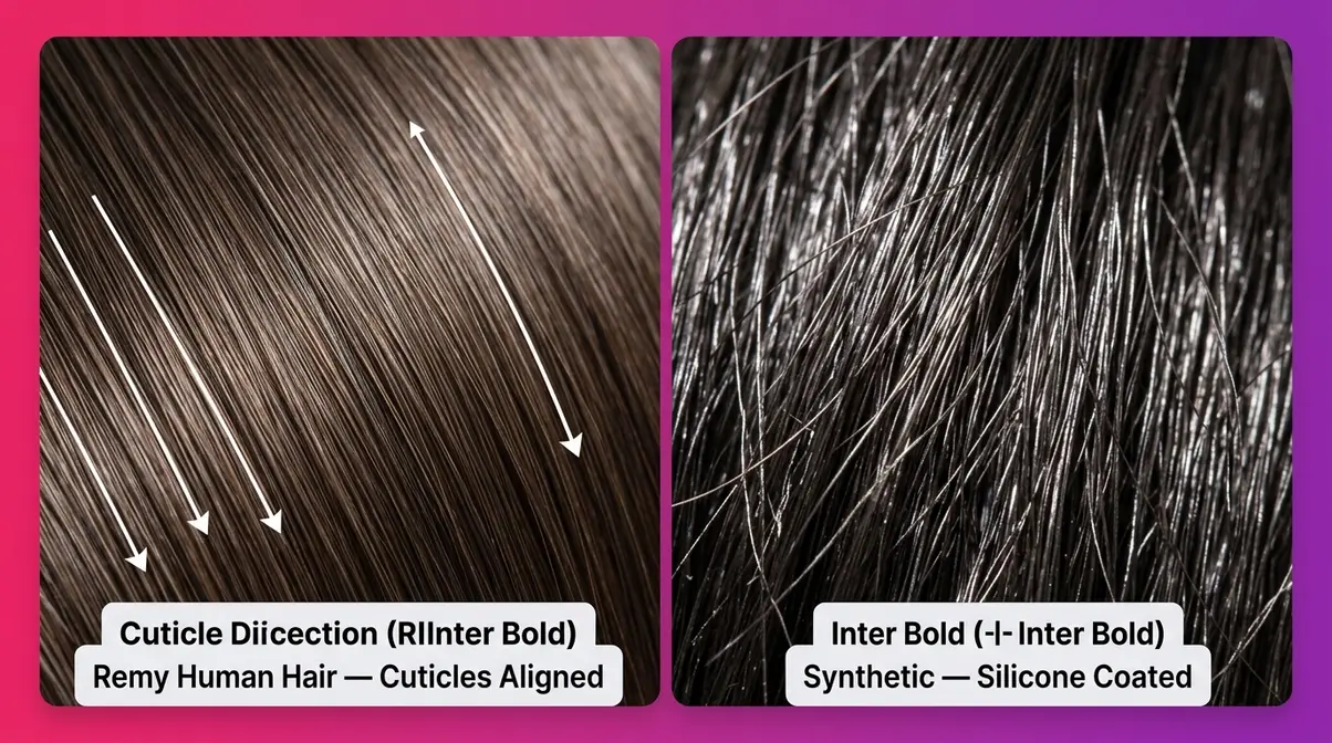 Close-up comparison of Remy human hair extensions versus synthetic fiber showing cuticle alignment difference