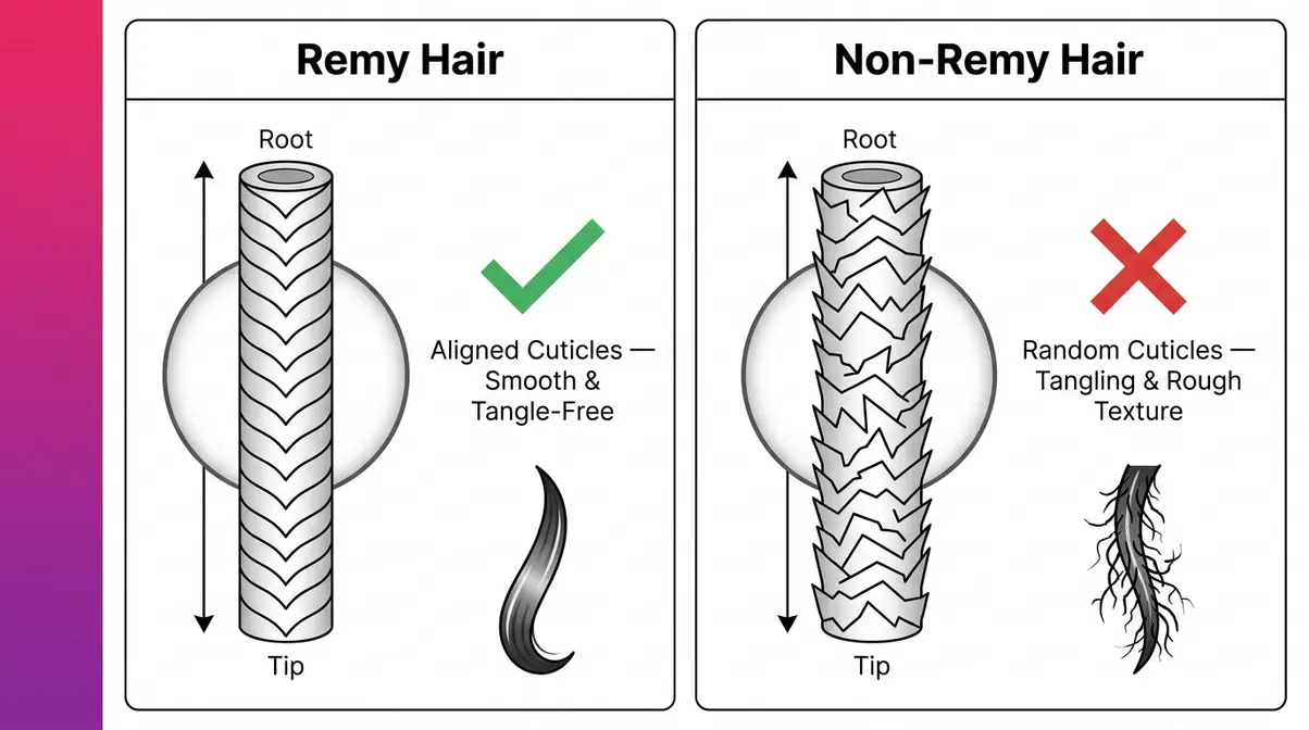 Diagram comparing Remy hair cuticle alignment running root to tip versus non-Remy hair with random cuticle directions