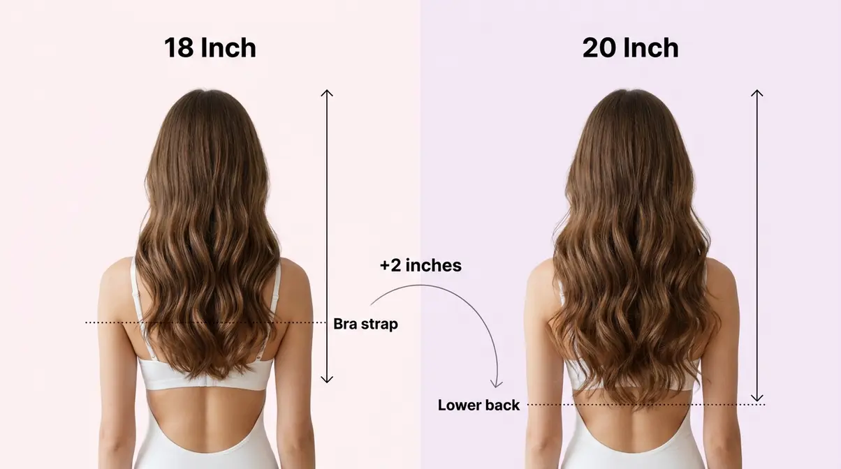 Side by side comparison of 18 inch vs 20 inch hair extensions showing where each length falls on the same model