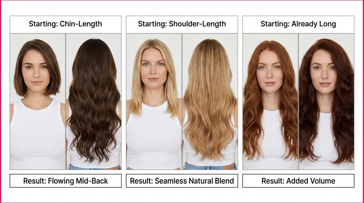 Before and after photos of 18 inch hair extensions on chin-length shoulder-length and already long hair