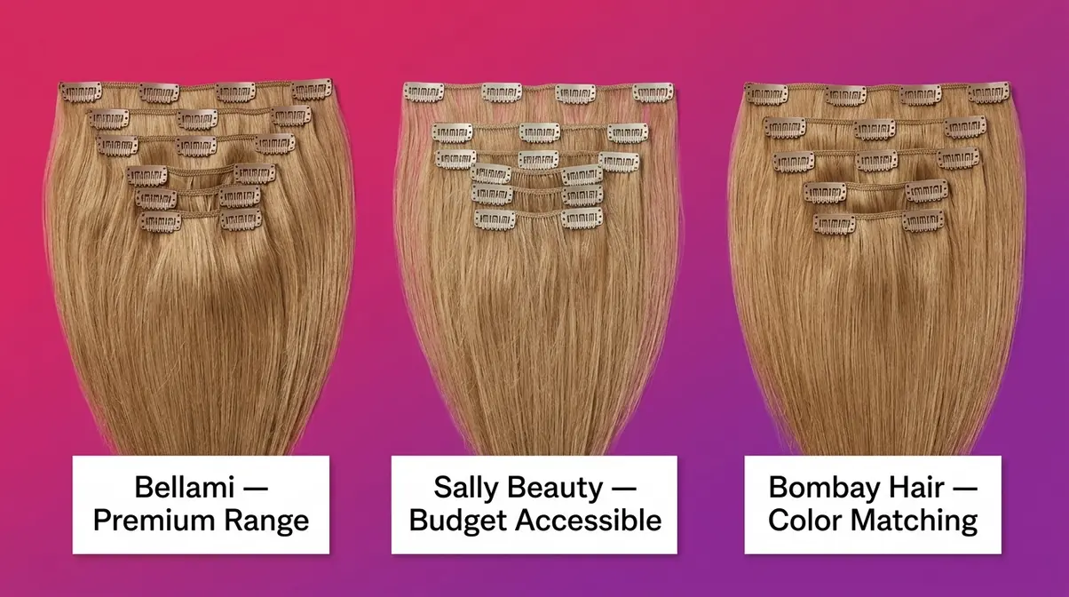 Three 18 inch hair extension brand sets from Bellami Sally Beauty and Bombay Hair shown side by side for comparison