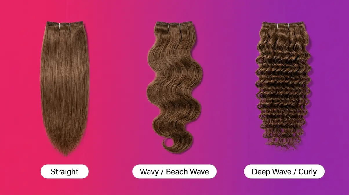 Three 18 inch hair extension textures shown side by side straight wavy and deep wave curly in medium brown