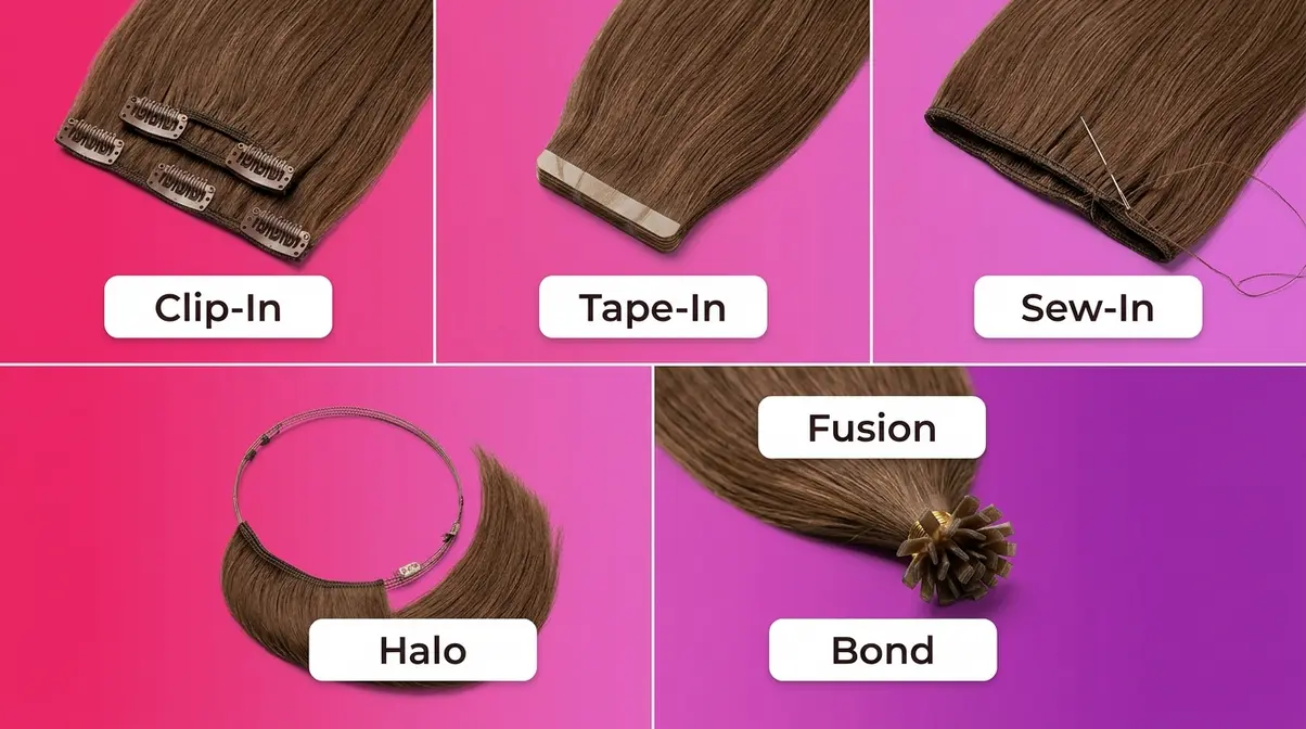 Five types of 18 inch hair extensions including clip-in tape-in sew-in halo and fusion shown side by side
