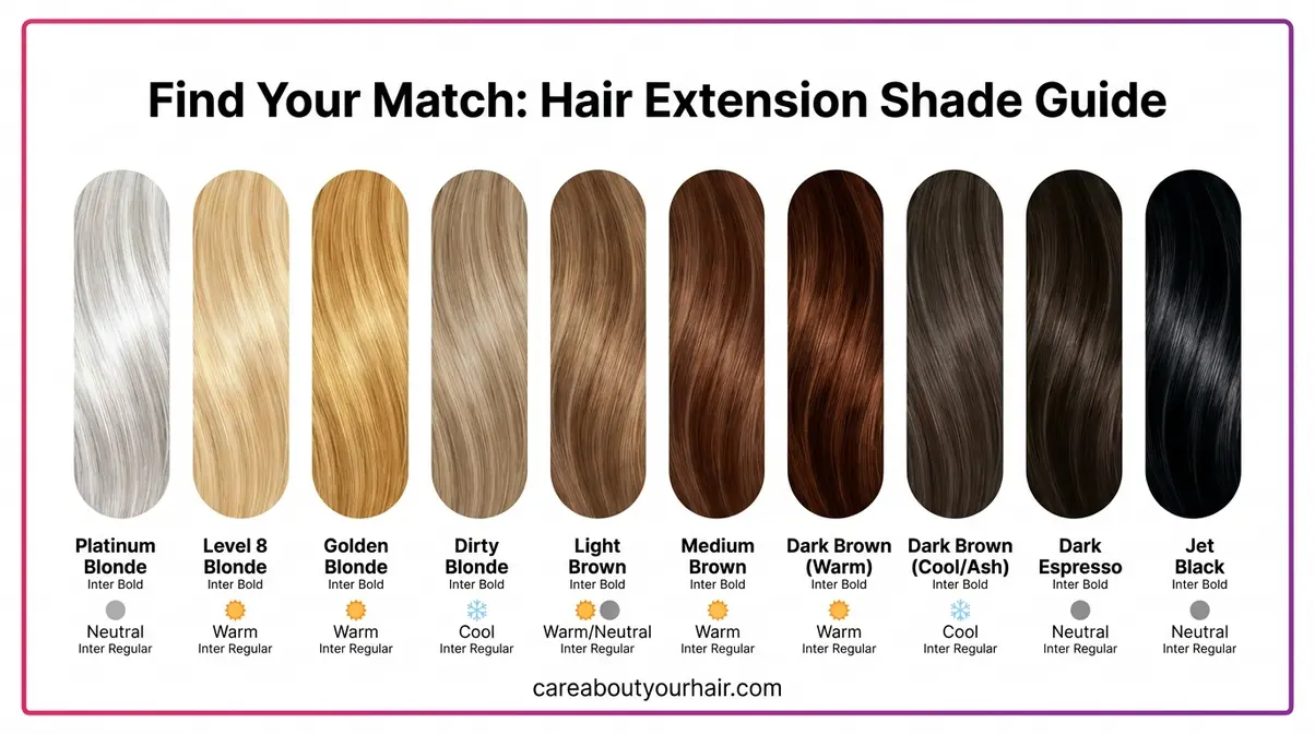 Color matching guide for 18 inch hair extensions showing blonde to black shade swatches with undertone labels