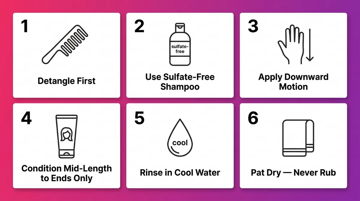 Six-step safe washing guide for hair extensions showing sulfate-free shampoo downward motion and pat dry technique