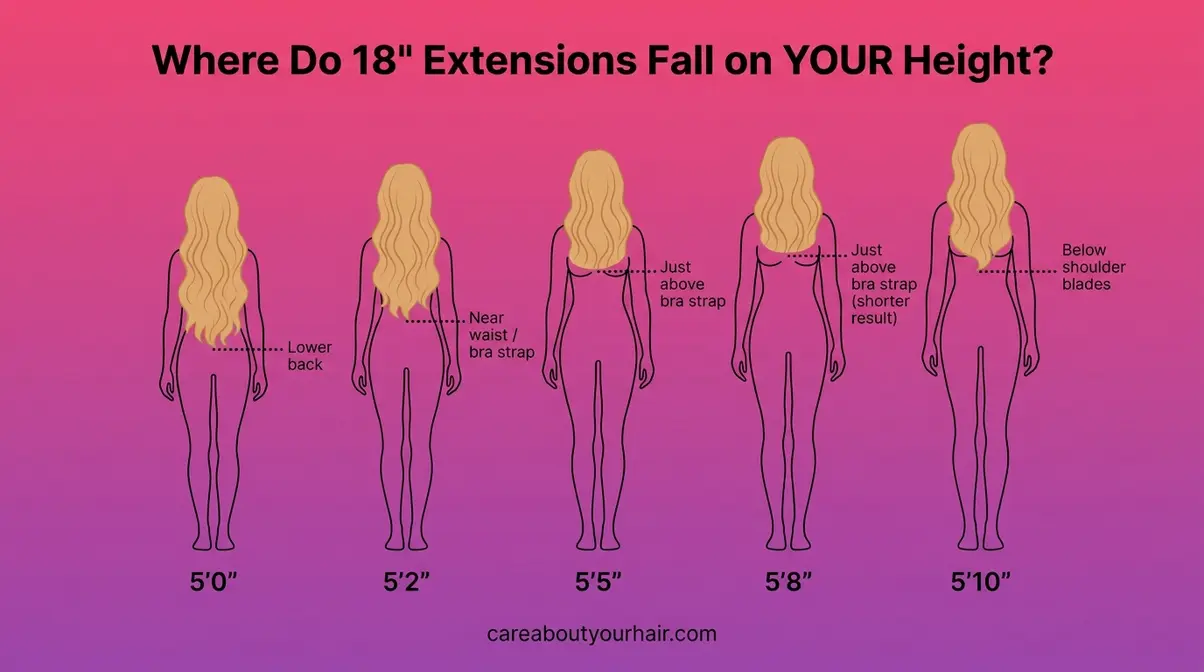 18 inch hair extensions length chart showing where extensions fall on five heights from 5 foot to 5 foot 10