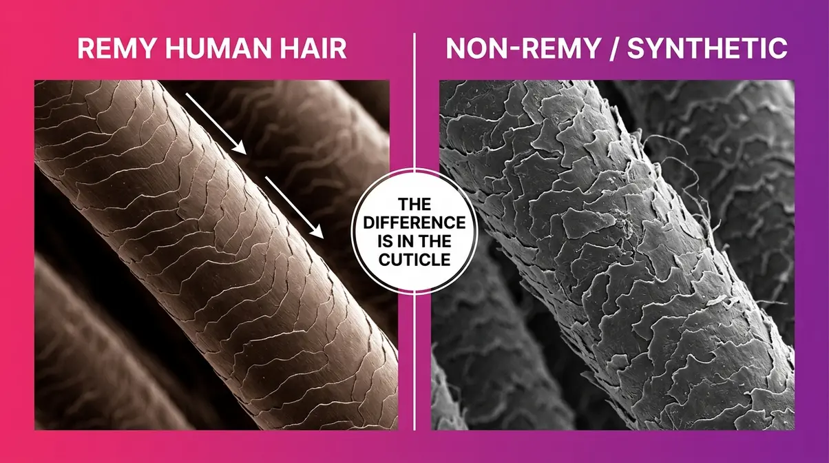 Remy human hair vs synthetic hair quality comparison showing cuticle alignment difference for extensions
