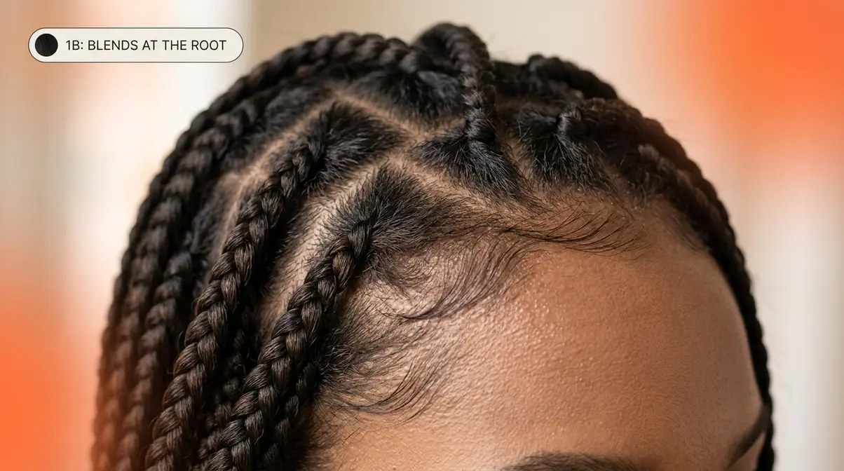 1B hair color braiding extensions blending seamlessly with natural dark hair at the hairline