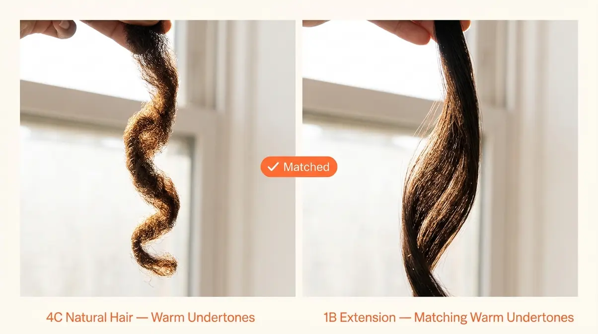 1B hair extension strand matched next to 4C natural hair showing matching warm undertones in natural light