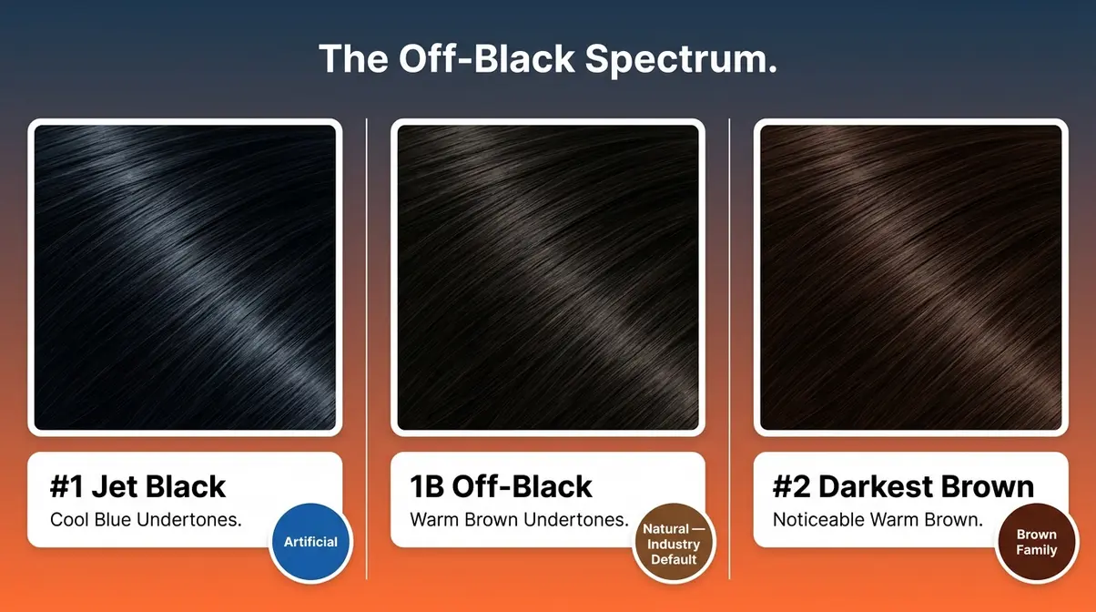 Hair color chart showing #1 jet black, 1B off-black, and #2 darkest brown swatches with undertone labels