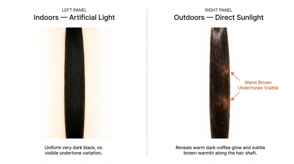 1B hair color shown in indoor artificial light versus outdoor sunlight revealing warm brown undertones