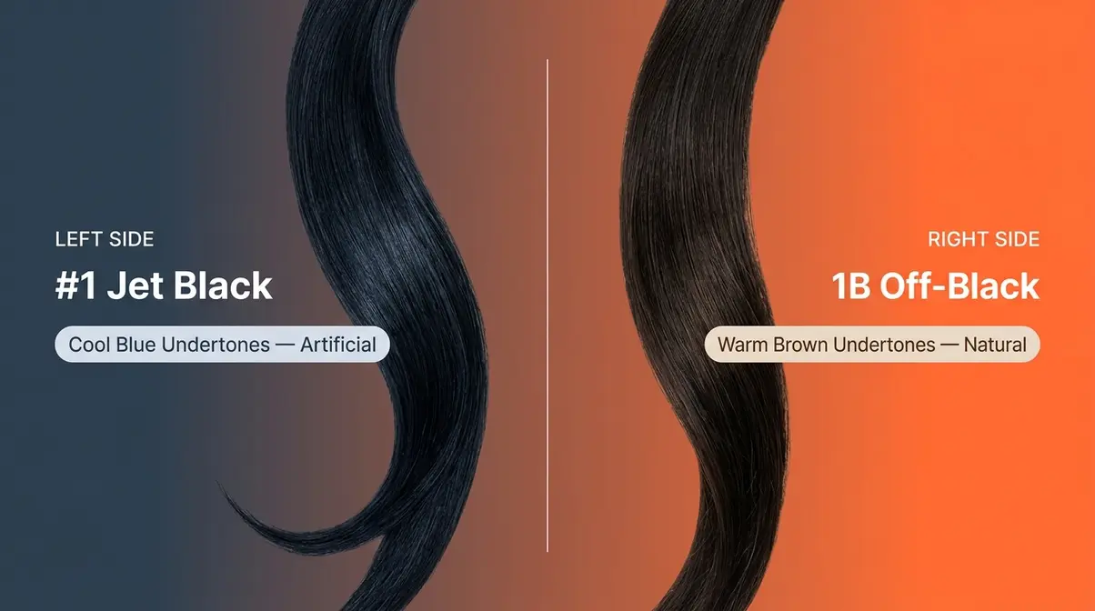 Side-by-side comparison of 1B off-black versus #1 jet black hair showing undertone difference