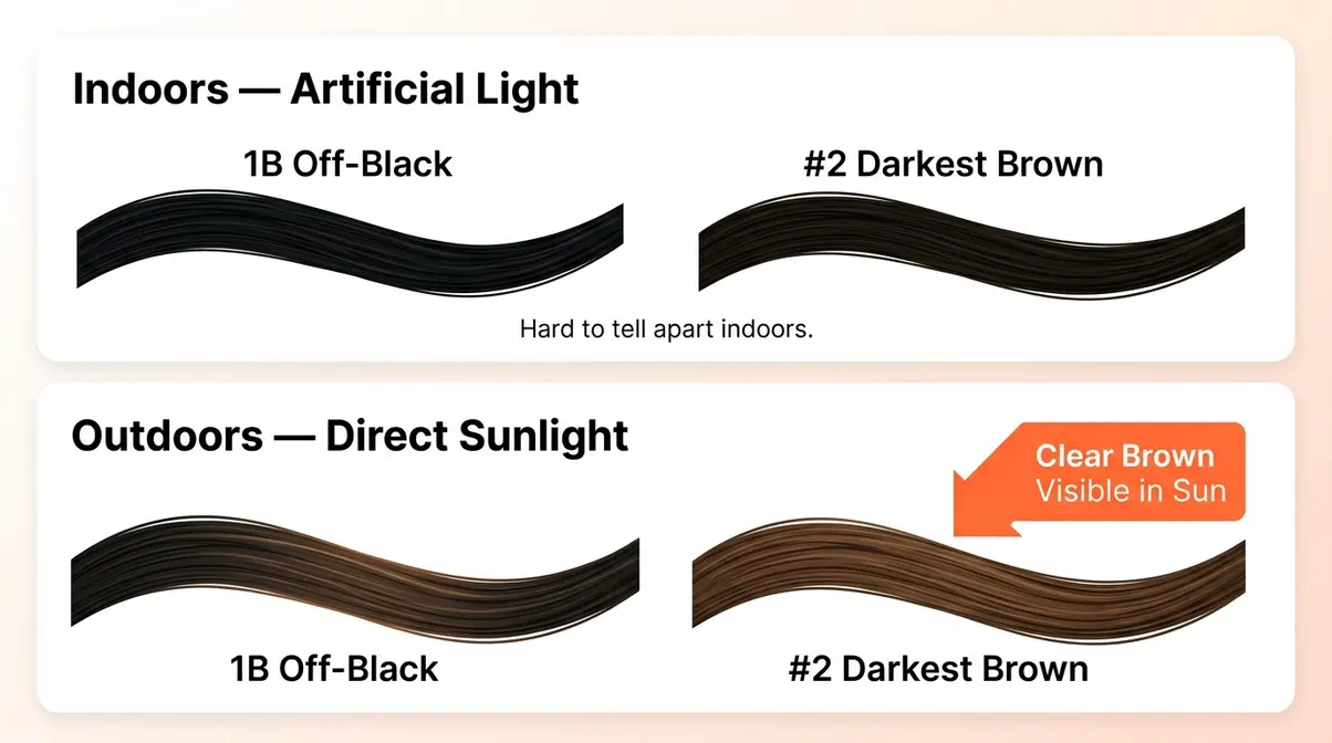 1B off-black versus #2 darkest brown hair comparison shown indoors and in direct sunlight