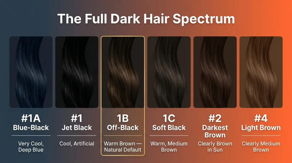 Full dark hair color spectrum chart showing 1A blue-black through 1B off-black to #4 light brown shades