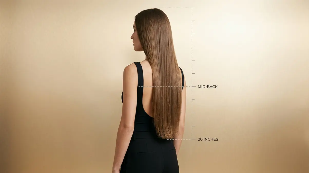 Side view showing 20 inch hair extensions falling to mid-back with a length measurement marker