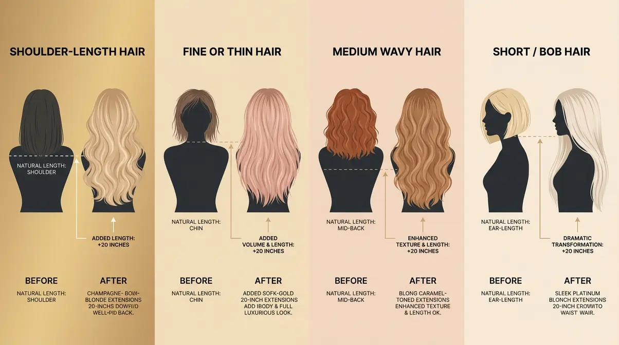 Before and after infographic showing 20 inch hair extensions on four natural hair types including fine and wavy