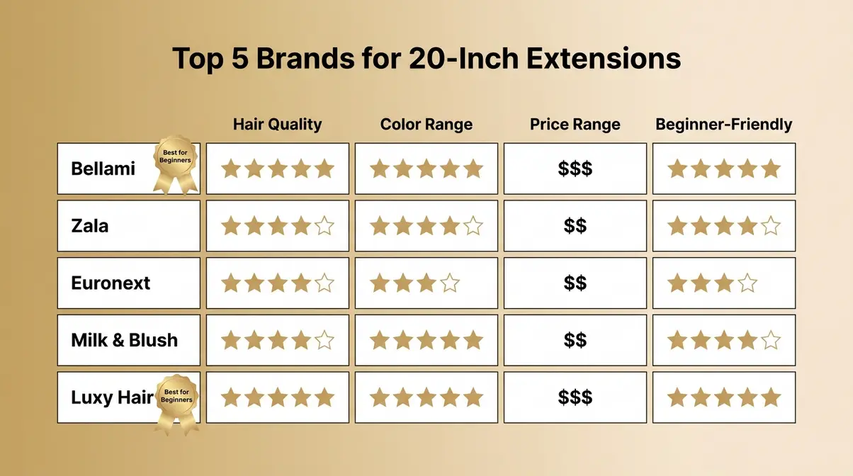 Comparison chart rating Bellami, Zala, Euronext, Milk and Blush, and Luxy Hair on quality and price