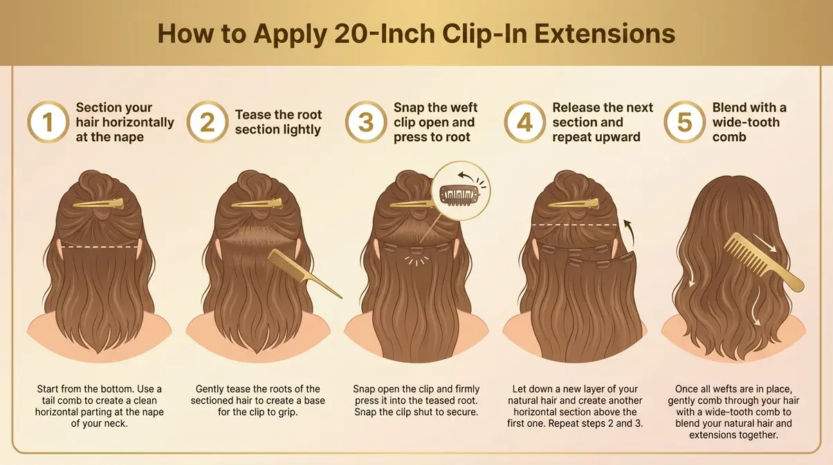 Step-by-step diagram showing how to section hair and apply 20 inch clip-in extensions in five steps
