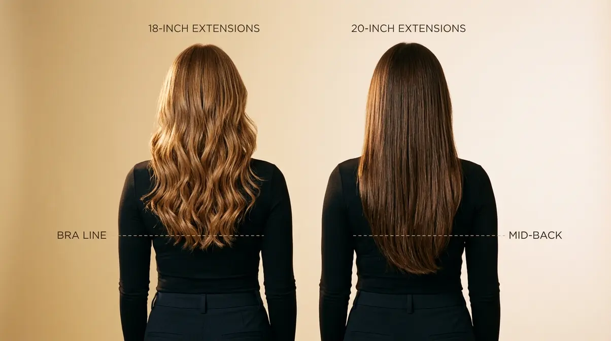 Two women side by side comparing 18 inch versus 20 inch hair extension lengths from behind